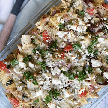Greek Spaghetti Squash Casserole in a casserole pan