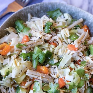 Asian Inspired Chicken Salad with lots of veggies, gluten-free pasta and chicken
