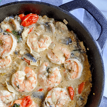 Paleo Tuscan Shrimp in a cast Iron pan