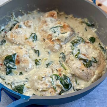 Creamy artichoke chicken in a pan
