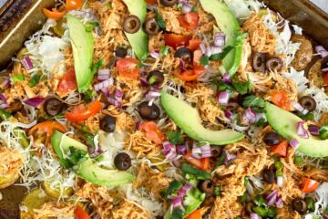 Sheet Pan Enchilada Potachos with veggies and chicken