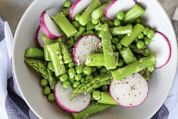 Spring asparagus salad with peas, radish and lemon.