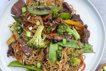 Grilled Lo Mein on a white plate