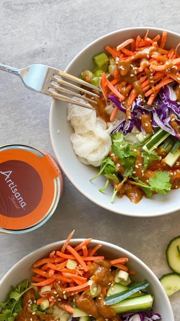 Spring roll bowl with cashew butter on the side