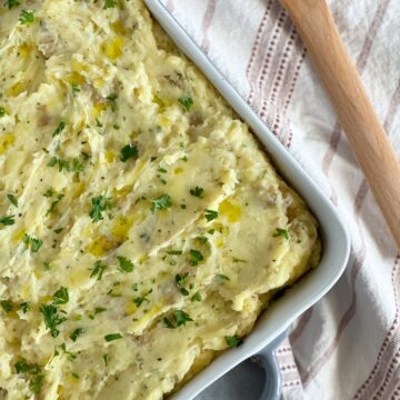 dairy-free mashed potatoes in a large serving dish